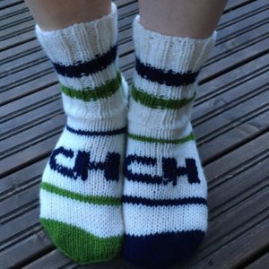 Knitted socks with CH-Polymers logo and colours